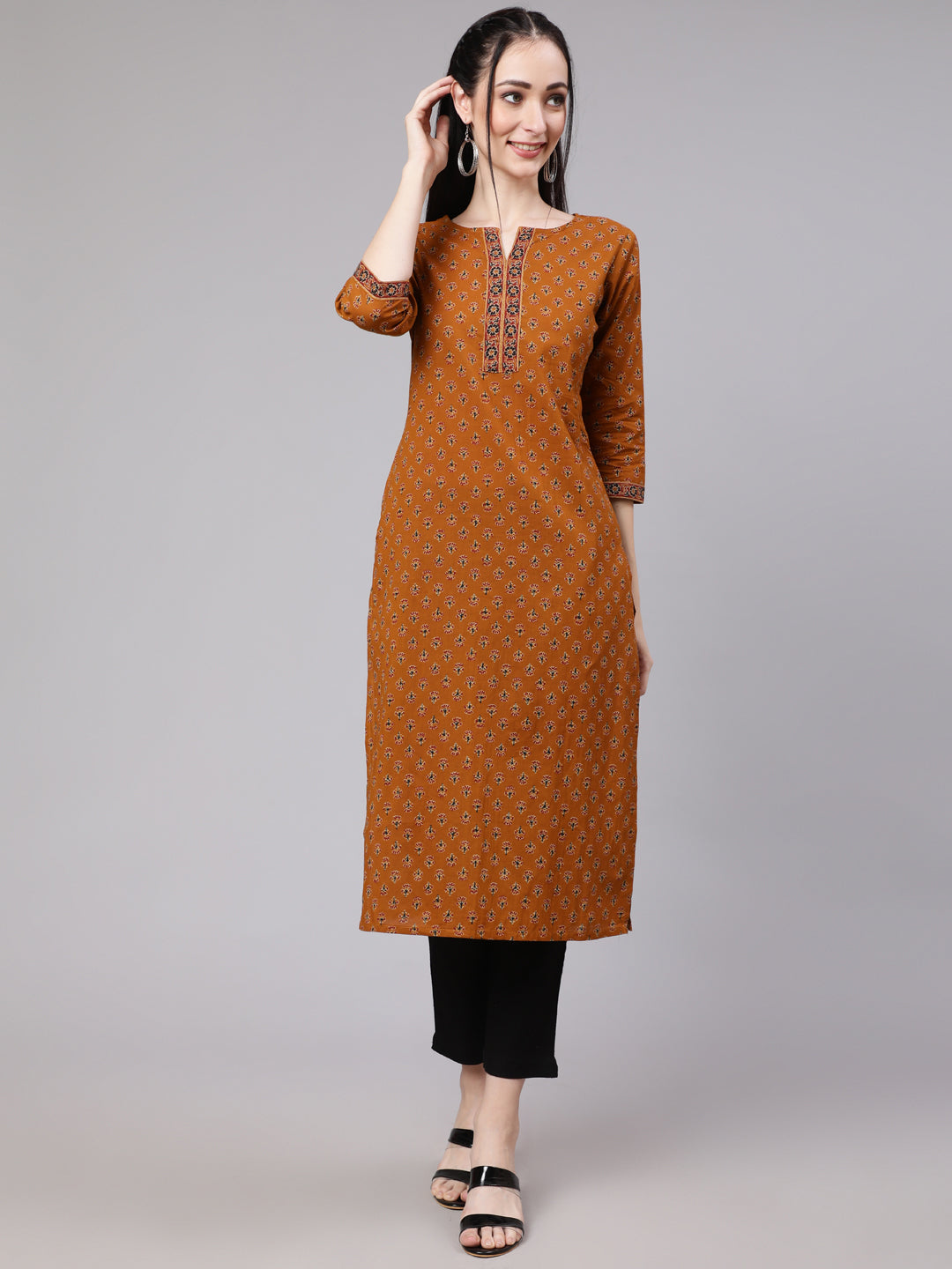 Women Mustrad Ethnic Printed Straight Kurta with Three Quarter Sleeves | NOZ2TOZ - Made In INDIA.