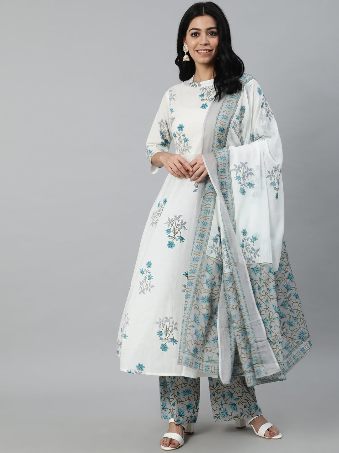 Women Off-White Printed Flared Kurta With Trouser & Dupatta | NOZ2TOZ - Made In INDIA.