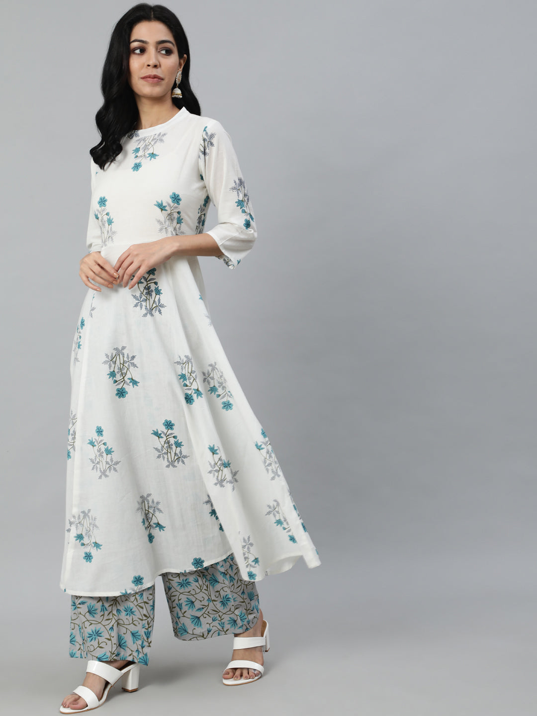 Women Off-White Printed Flared Kurta With Trouser & Dupatta | NOZ2TOZ - Made In INDIA.