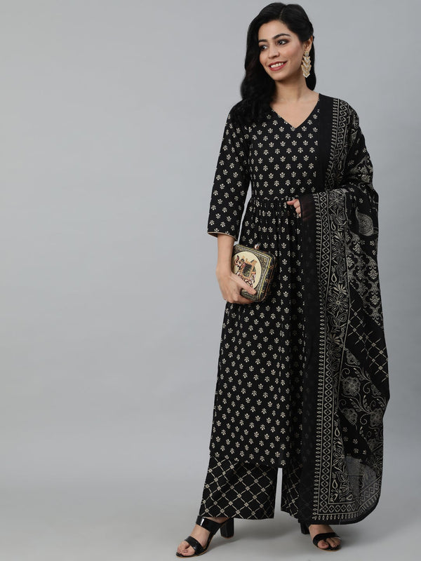 Women Black Ethnic Printed Straight Kurta With Palazzo & Dupatta | NOZ2TOZ - Made In INDIA.