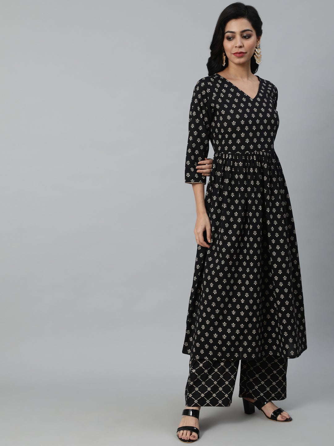 Women Black Ethnic Printed Straight Kurta With Palazzo & Dupatta | NOZ2TOZ - Made In INDIA.