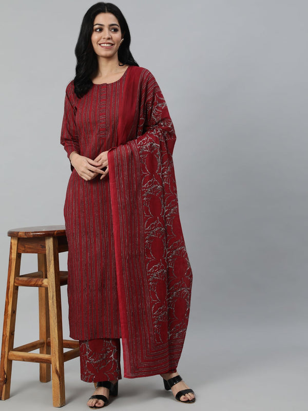 Women Maroon Striped Pure Cotton Kurta with Palazzos & Dupatta | NOZ2TOZ - Made In INDIA.