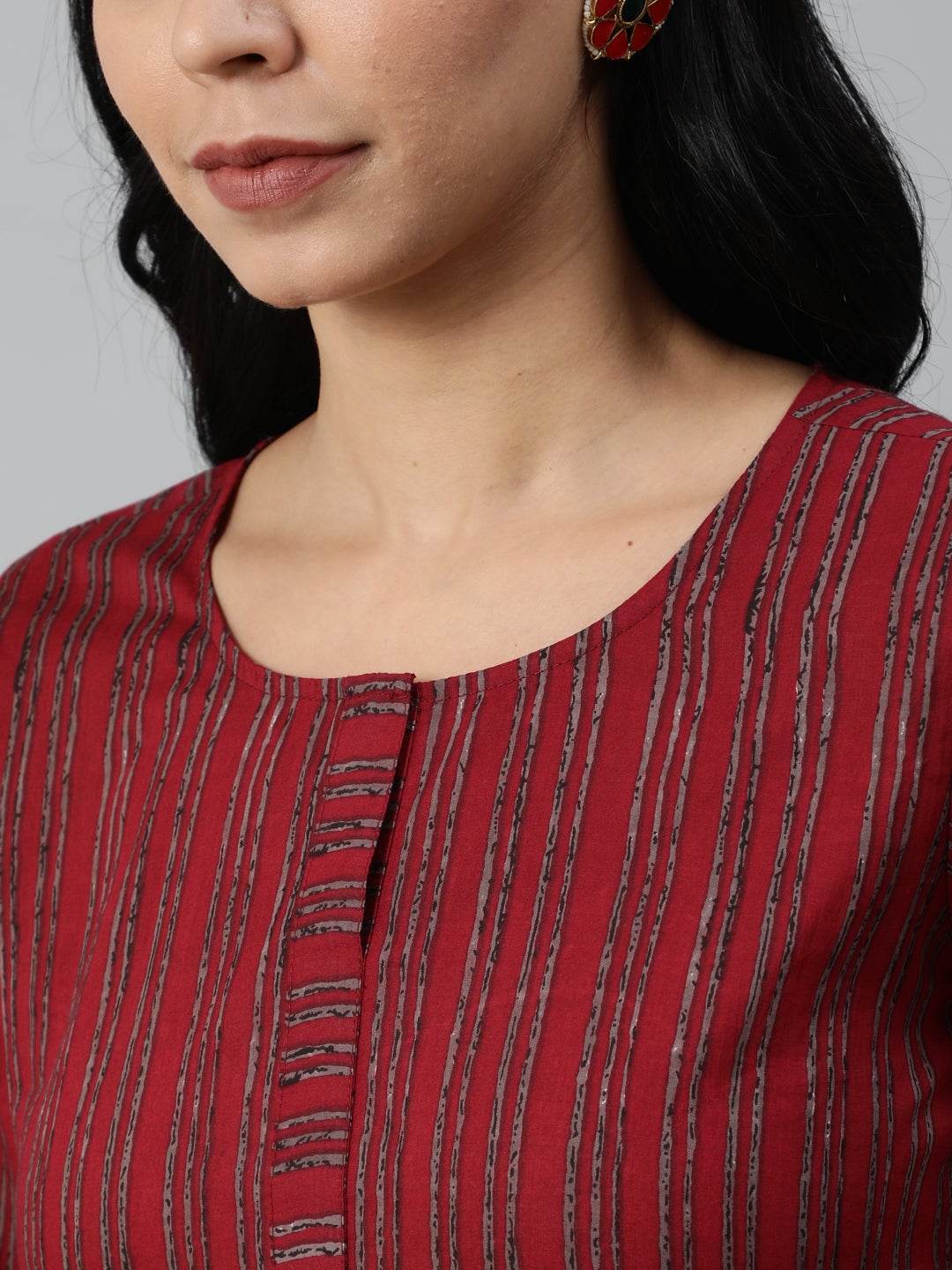 Women Maroon Striped Pure Cotton Kurta with Palazzos & Dupatta | NOZ2TOZ - Made In INDIA.