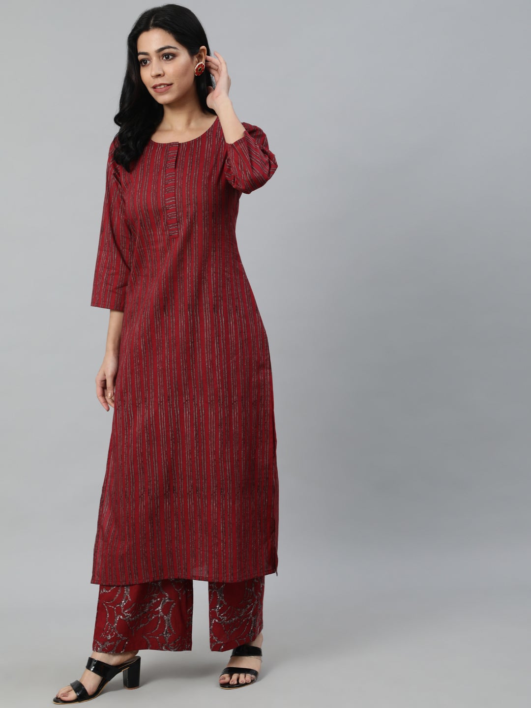 Women Maroon Striped Pure Cotton Kurta with Palazzos & Dupatta | NOZ2TOZ - Made In INDIA.