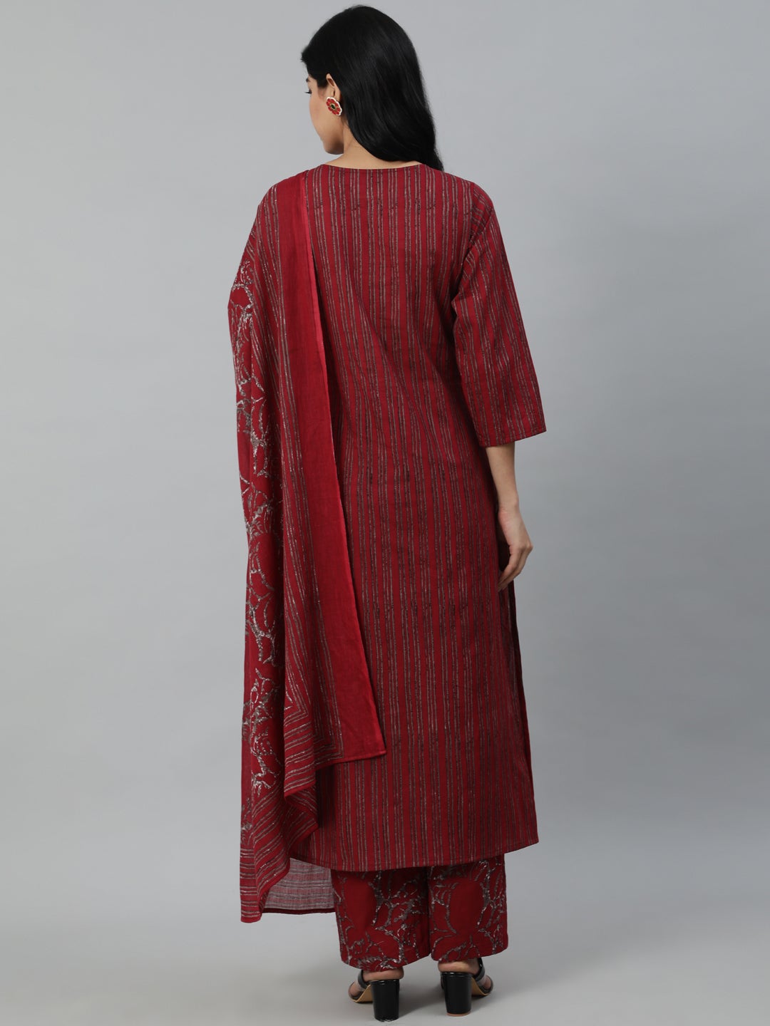 Women Maroon Striped Pure Cotton Kurta with Palazzos & Dupatta | NOZ2TOZ - Made In INDIA.