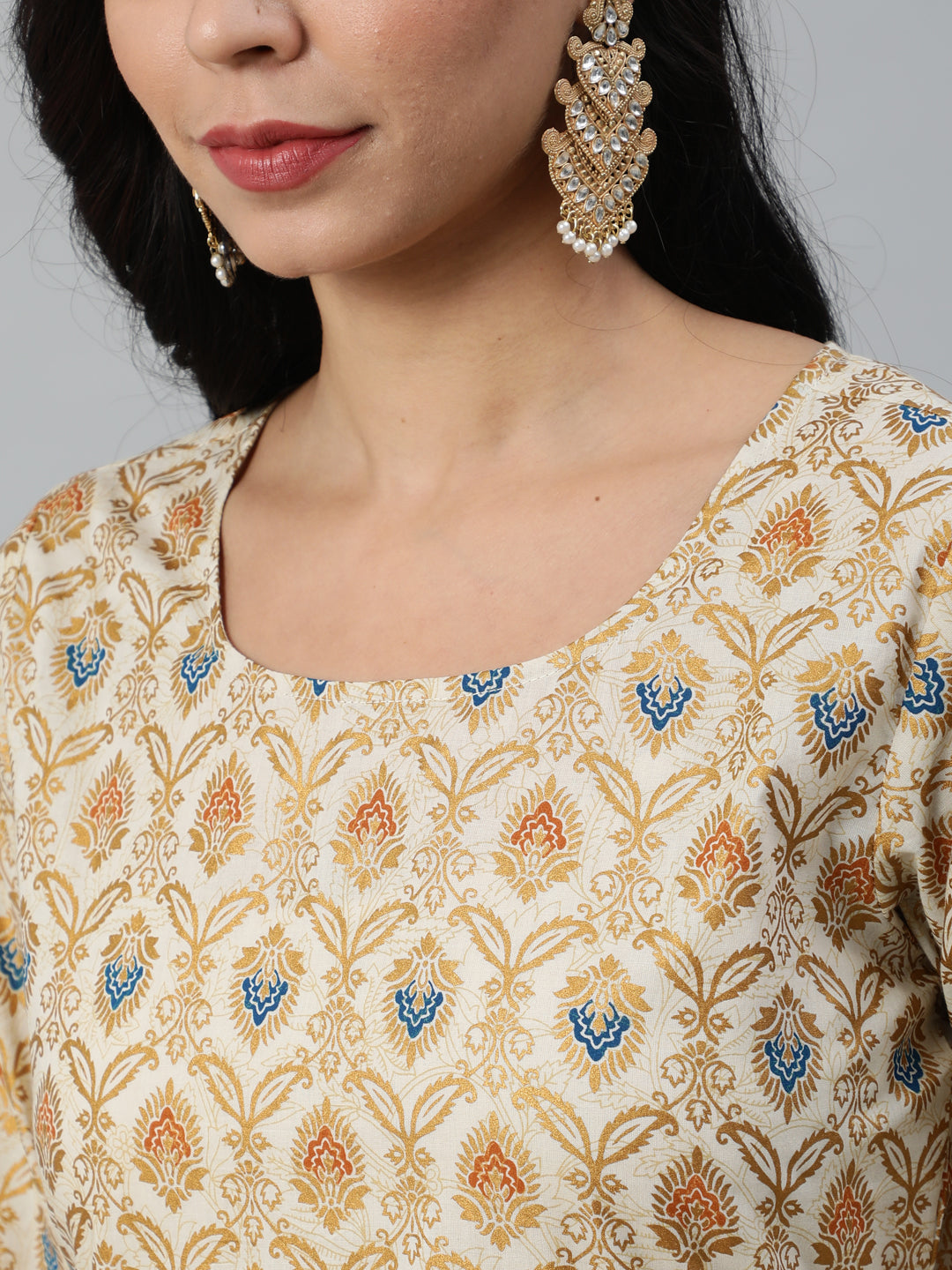 Women Cream & Gold Printed Straight Kurta With Plazo & Dupatta | NOZ2TOZ - Made In INDIA.