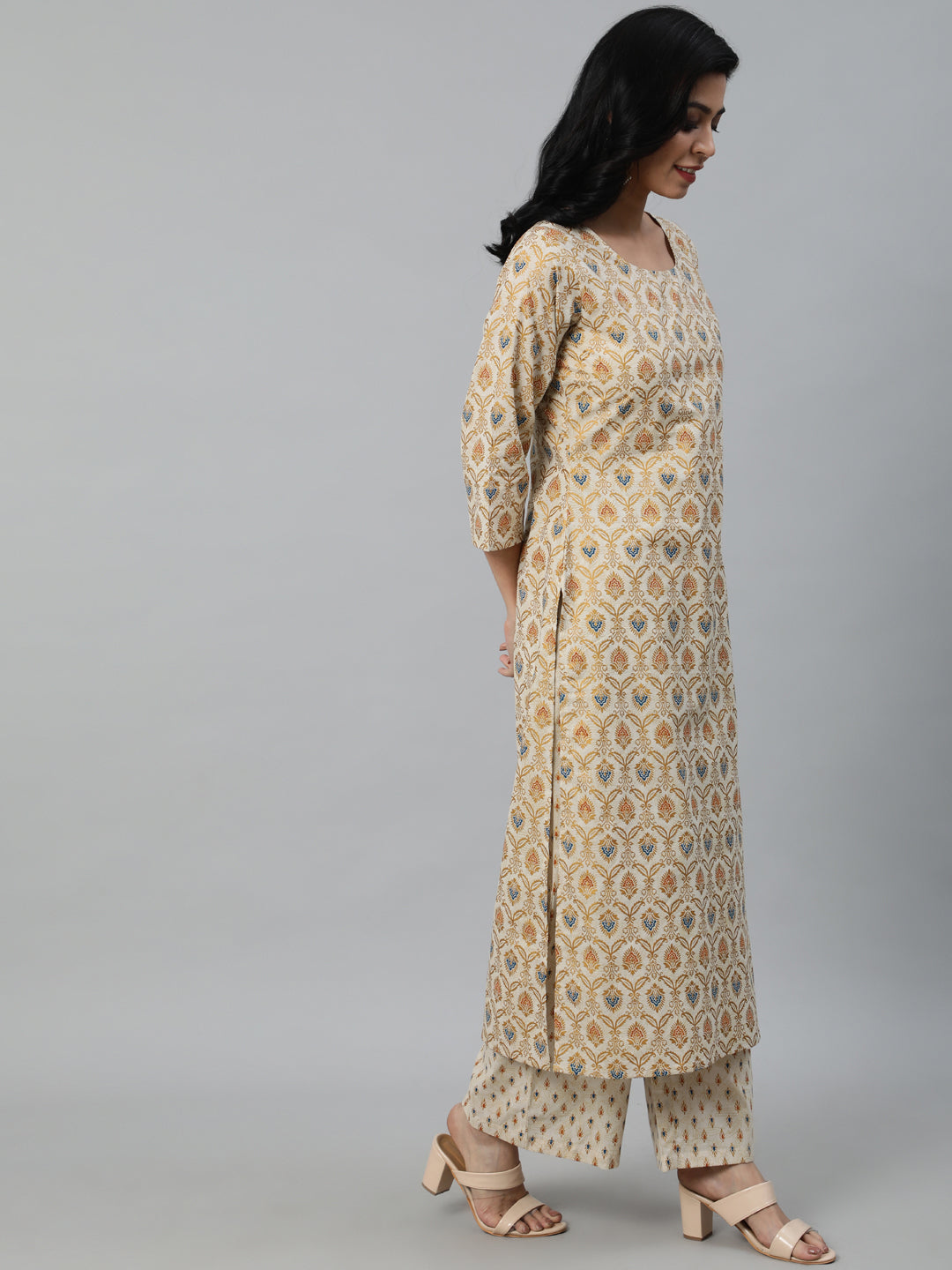 Women Cream & Gold Printed Straight Kurta With Plazo & Dupatta | NOZ2TOZ - Made In INDIA.