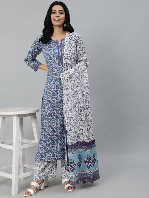 Women Blue Printed Straight Kurta With Plazo & Dupatta | NOZ2TOZ - Made In INDIA.