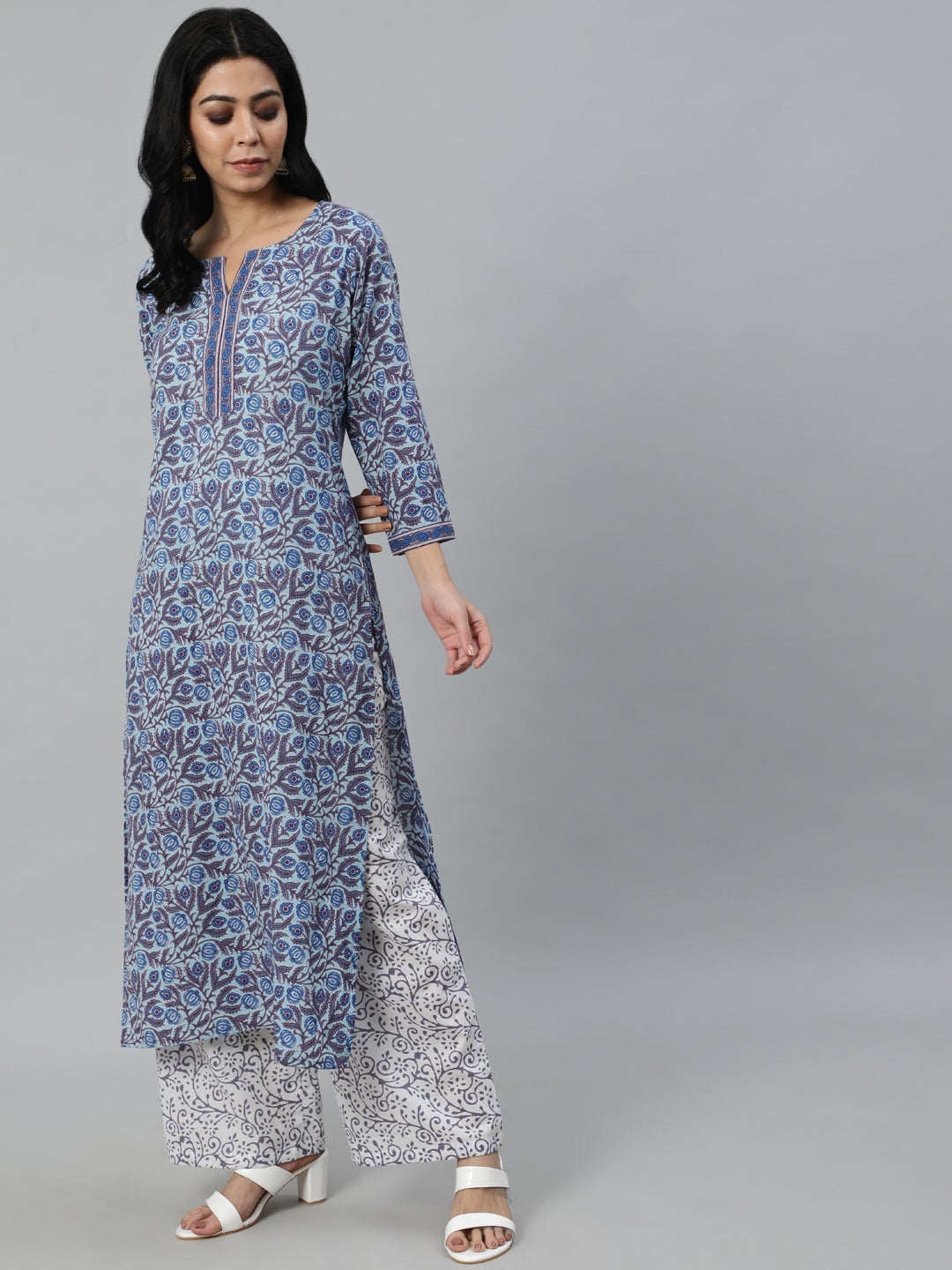 Women Blue Printed Straight Kurta With Plazo & Dupatta | NOZ2TOZ - Made In INDIA.