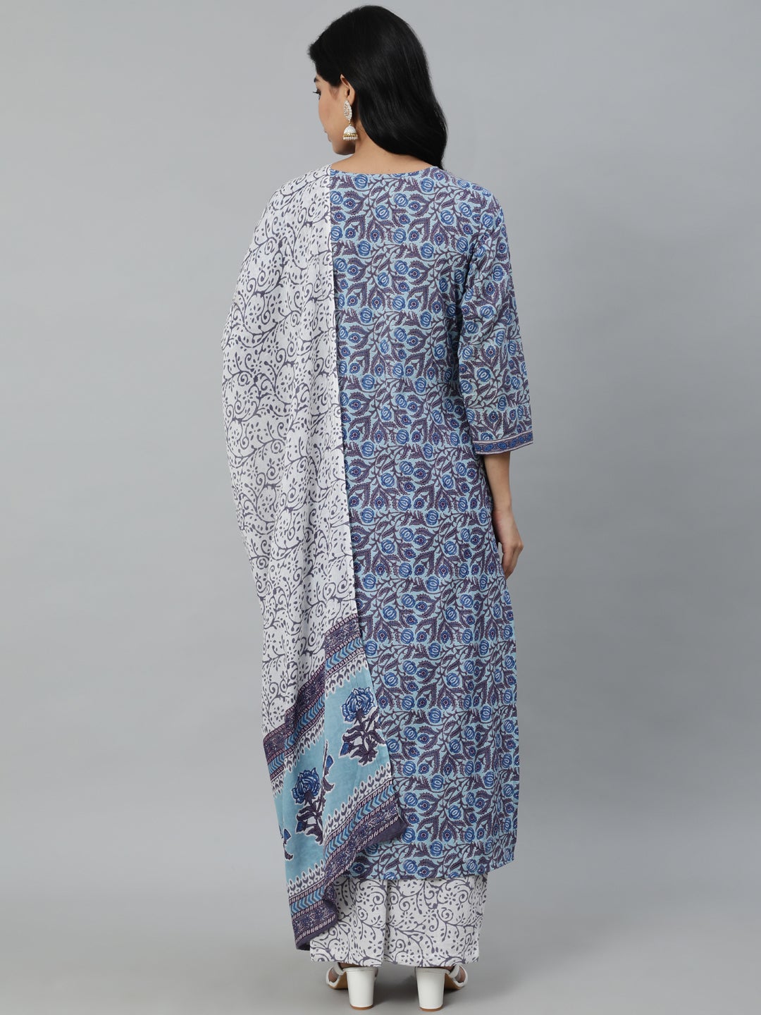 Women Blue Printed Straight Kurta With Plazo & Dupatta | NOZ2TOZ - Made In INDIA.