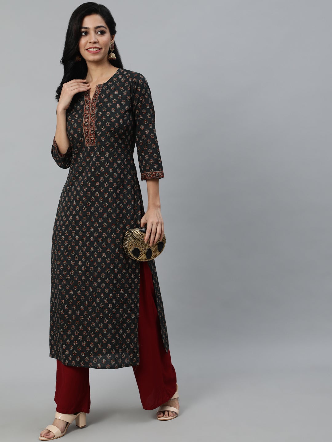 Women Green Ethnic Printed Straight Kurta With Three Quarter Sleeves | NOZ2TOZ - Made In INDIA.