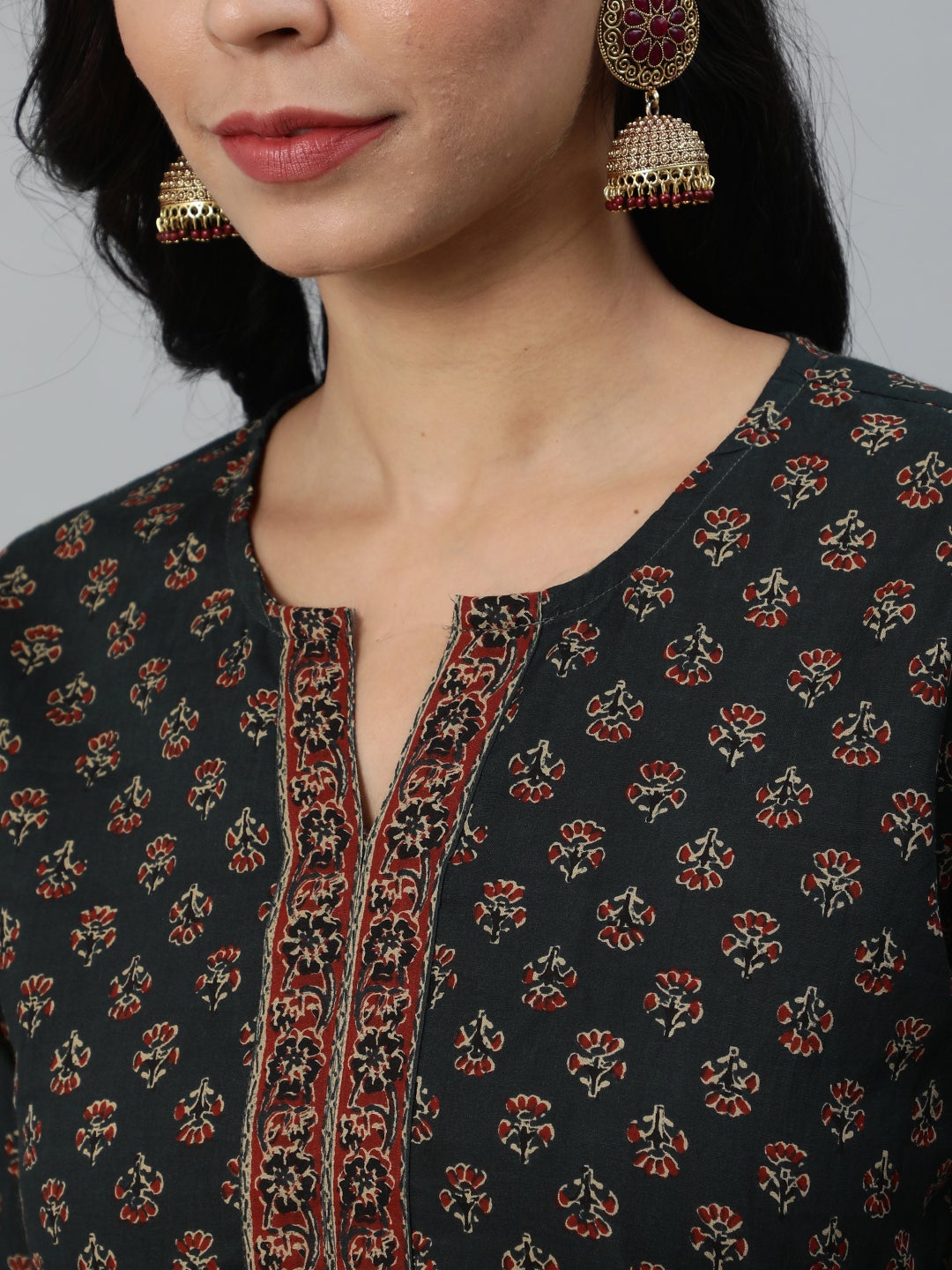 Women Green Ethnic Printed Straight Kurta With Three Quarter Sleeves | NOZ2TOZ - Made In INDIA.