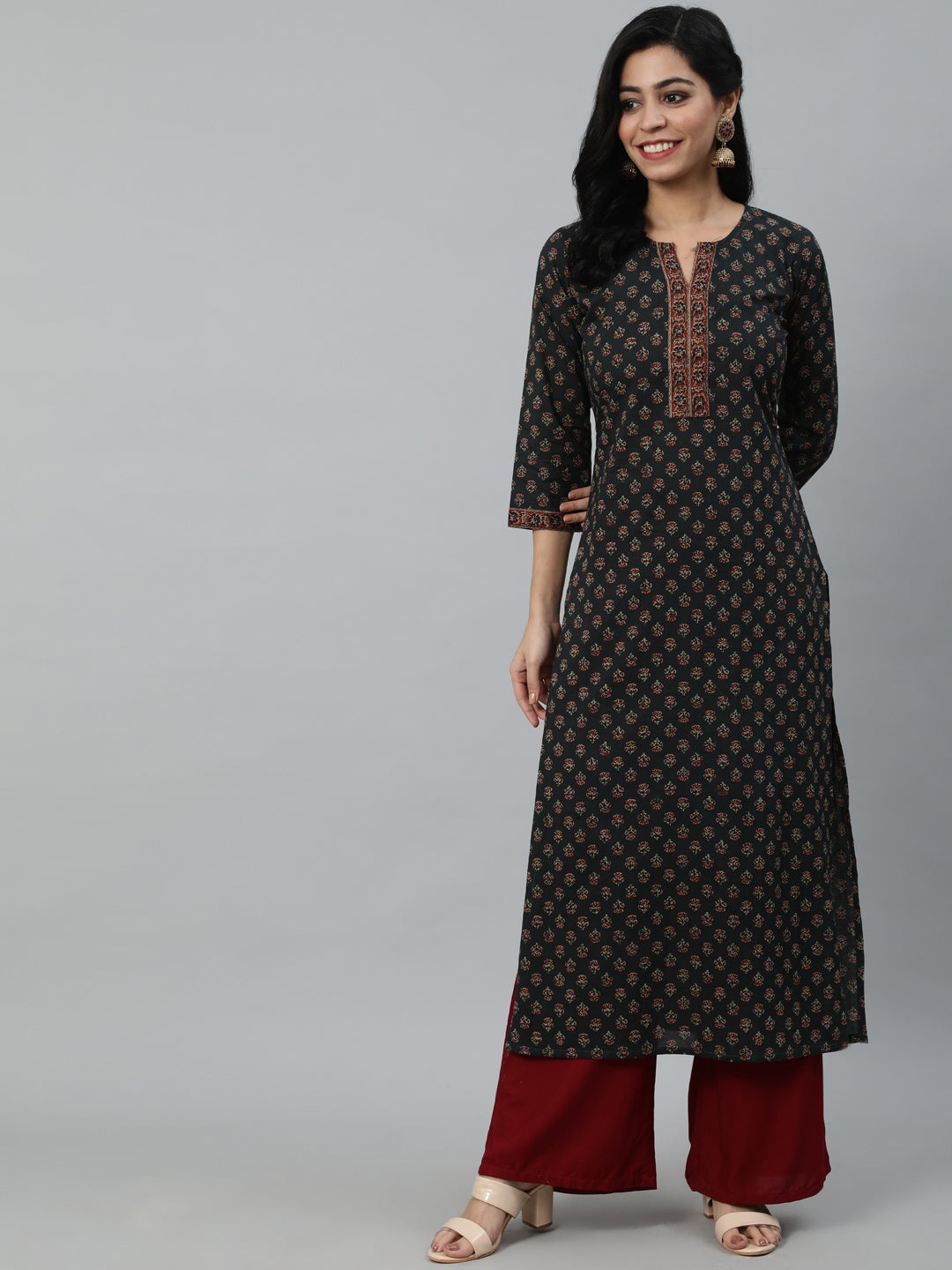 Women Green Ethnic Printed Straight Kurta With Three Quarter Sleeves | NOZ2TOZ - Made In INDIA.