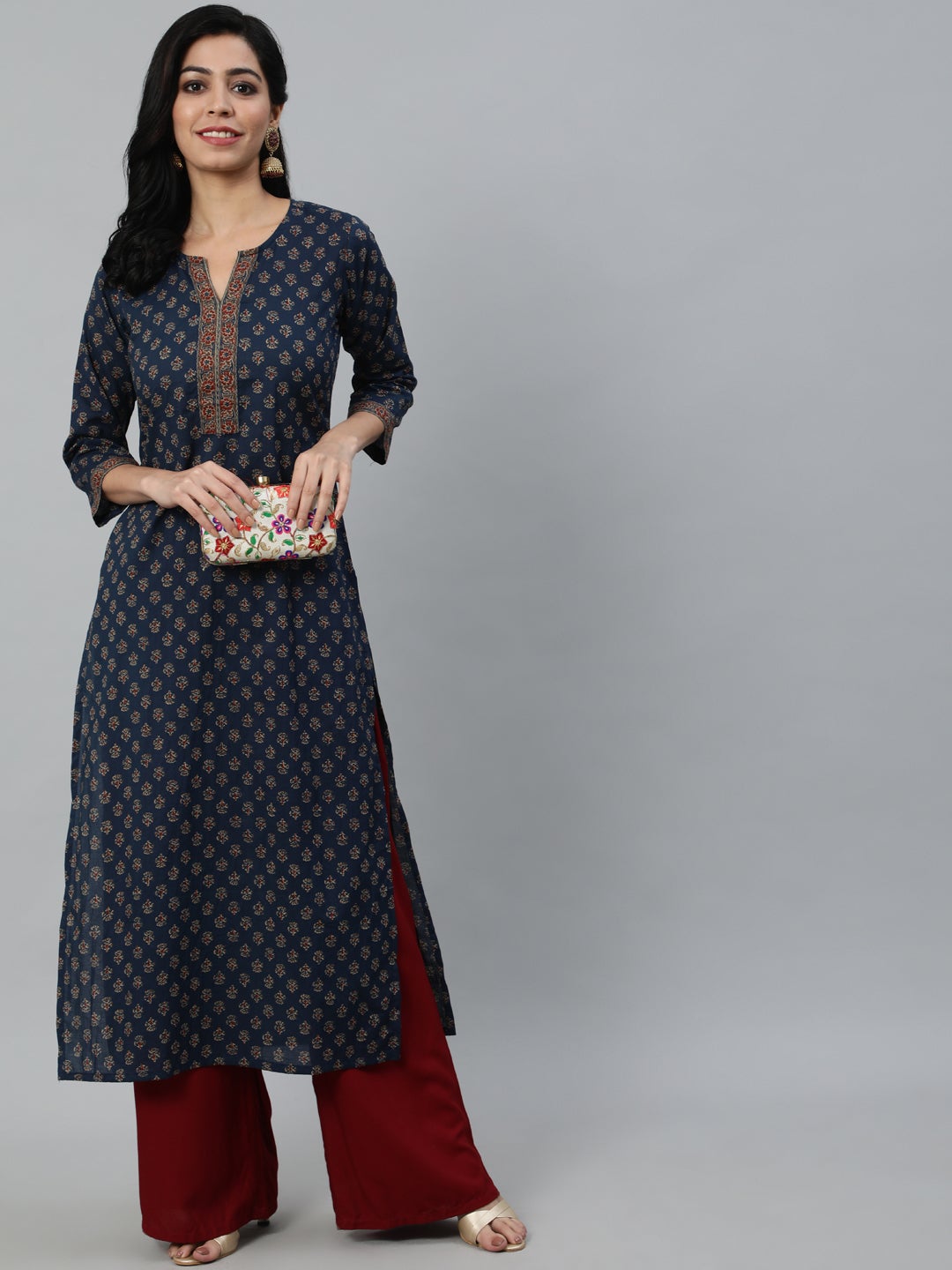 Women Navy Blue Ethnic Printed Straight kurta With Three Quarter Sleeves | NOZ2TOZ - Made In INDIA.