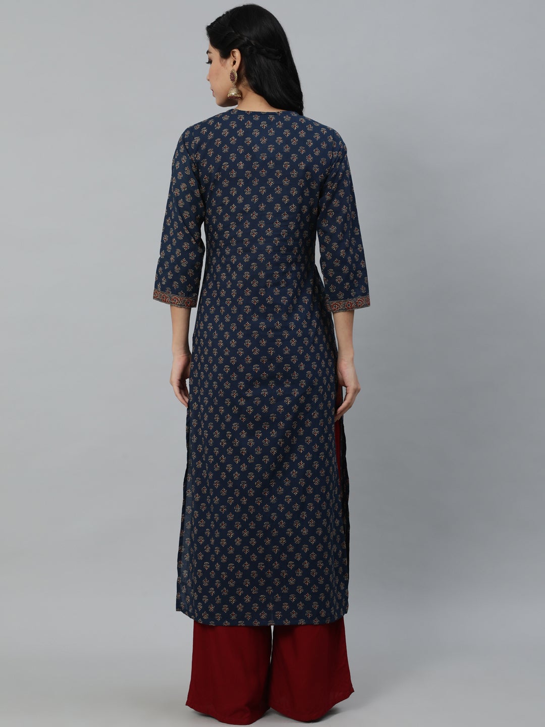 Women Navy Blue Ethnic Printed Straight kurta With Three Quarter Sleeves | NOZ2TOZ - Made In INDIA.