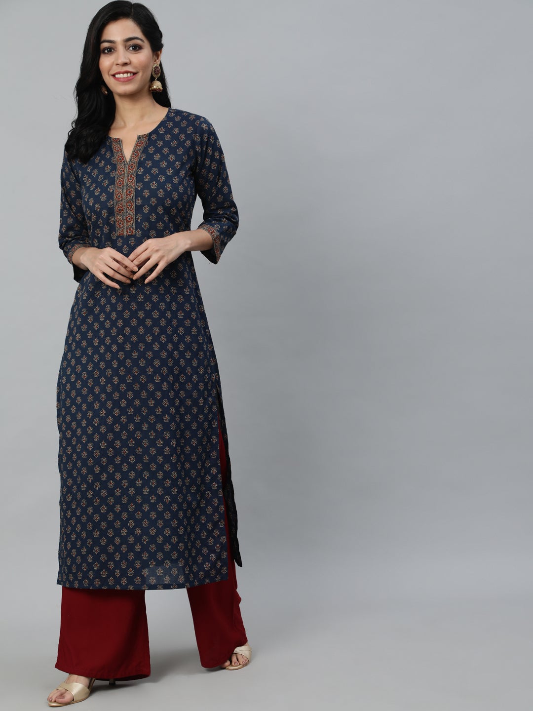 Women Navy Blue Ethnic Printed Straight kurta With Three Quarter Sleeves | NOZ2TOZ - Made In INDIA.