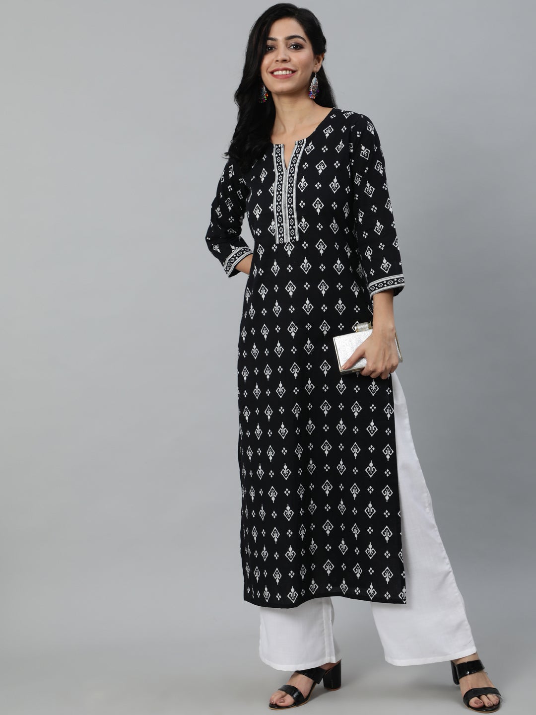 Women Black Printed Straight Kurta With Three Quarter Sleeves | NOZ2TOZ - Made In INDIA.