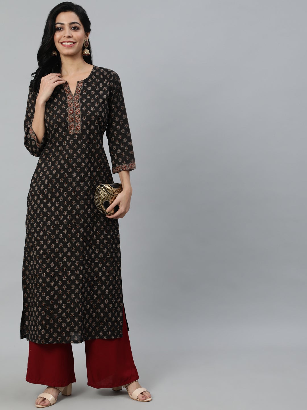 Women Brown Ethnic Printed Straight Kurta With Three Quarter Sleeves | NOZ2TOZ - Made In INDIA.