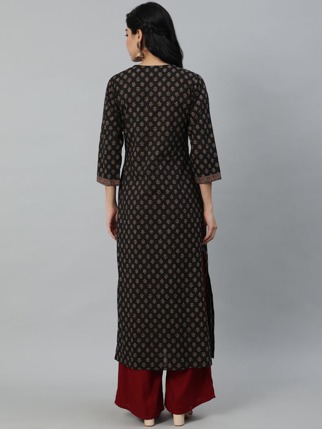 Women Brown Ethnic Printed Straight Kurta With Three Quarter Sleeves | NOZ2TOZ - Made In INDIA.