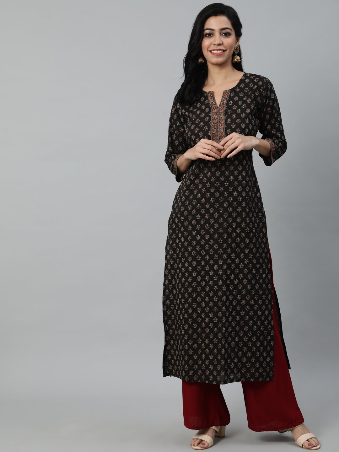 Women Brown Ethnic Printed Straight Kurta With Three Quarter Sleeves | NOZ2TOZ - Made In INDIA.