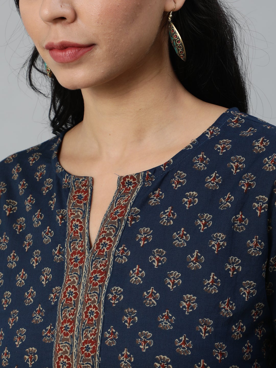 Women Navy Blue And Marron Printed Tunic | NOZ2TOZ - Made In INDIA.