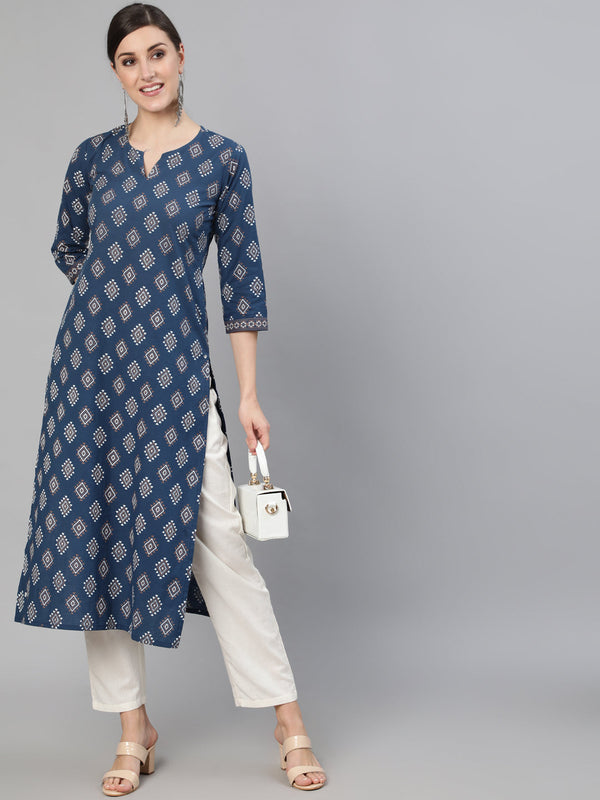 Women Blue Ethnic Printed Straight Kurta With Three Quarter Sleeves | NOZ2TOZ - Made In INDIA.