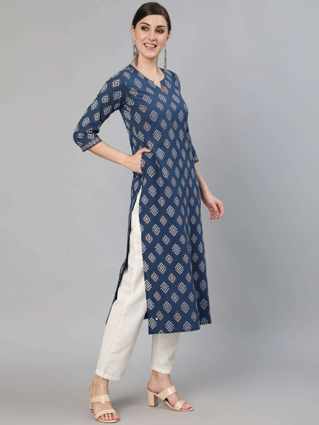 Women Blue Ethnic Printed Straight Kurta With Three Quarter Sleeves | NOZ2TOZ - Made In INDIA.