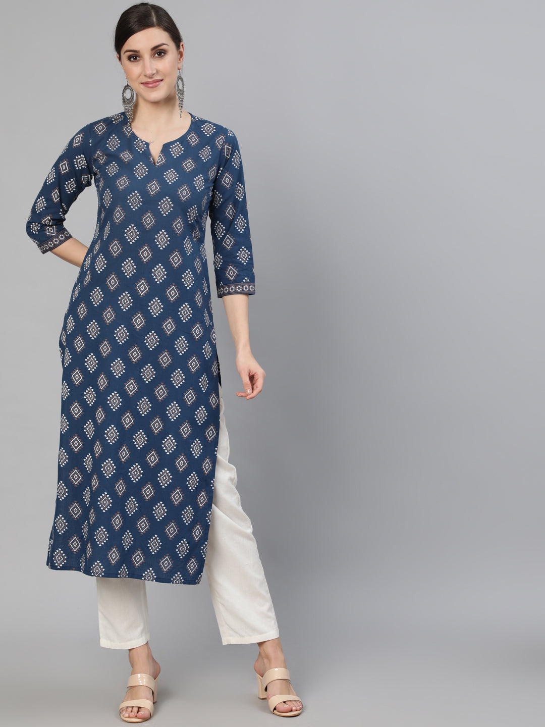 Women Blue Ethnic Printed Straight Kurta With Three Quarter Sleeves | NOZ2TOZ - Made In INDIA.