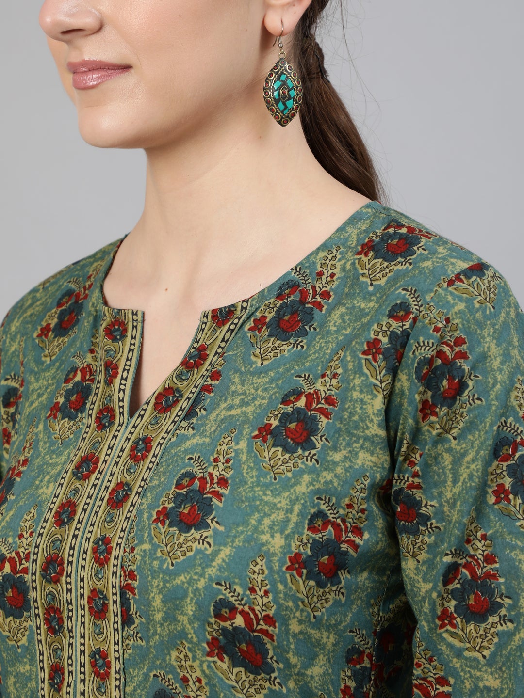 Women Blue Printed Straight Kurta With Three Quarter Sleeves | NOZ2TOZ - Made In INDIA.