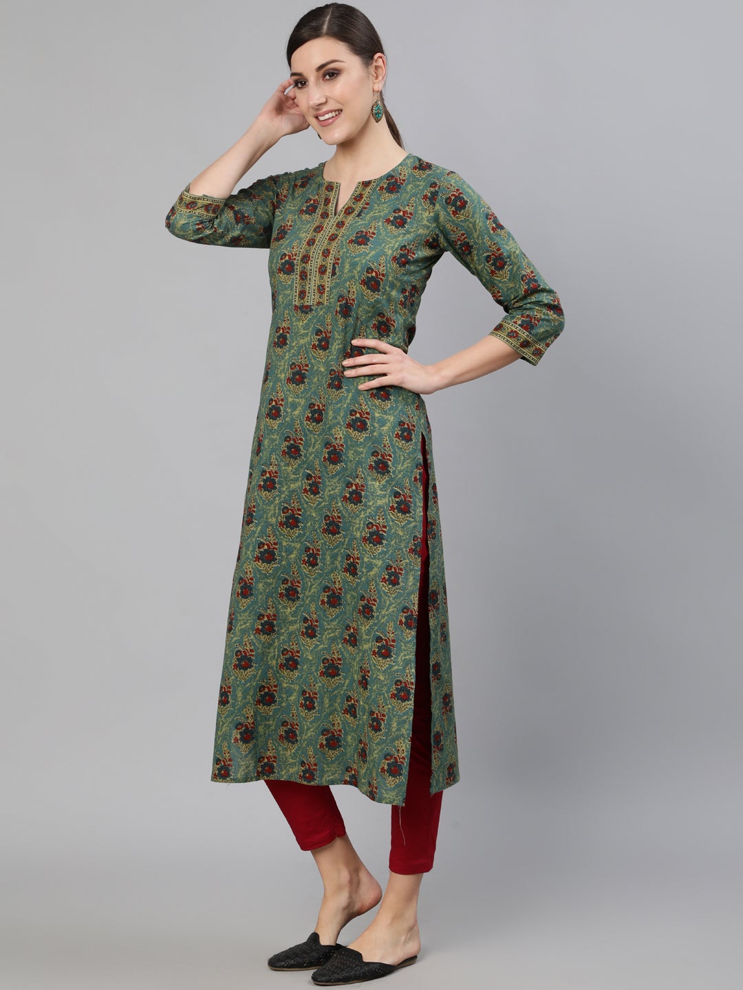 Women Blue Printed Straight Kurta With Three Quarter Sleeves | NOZ2TOZ - Made In INDIA.