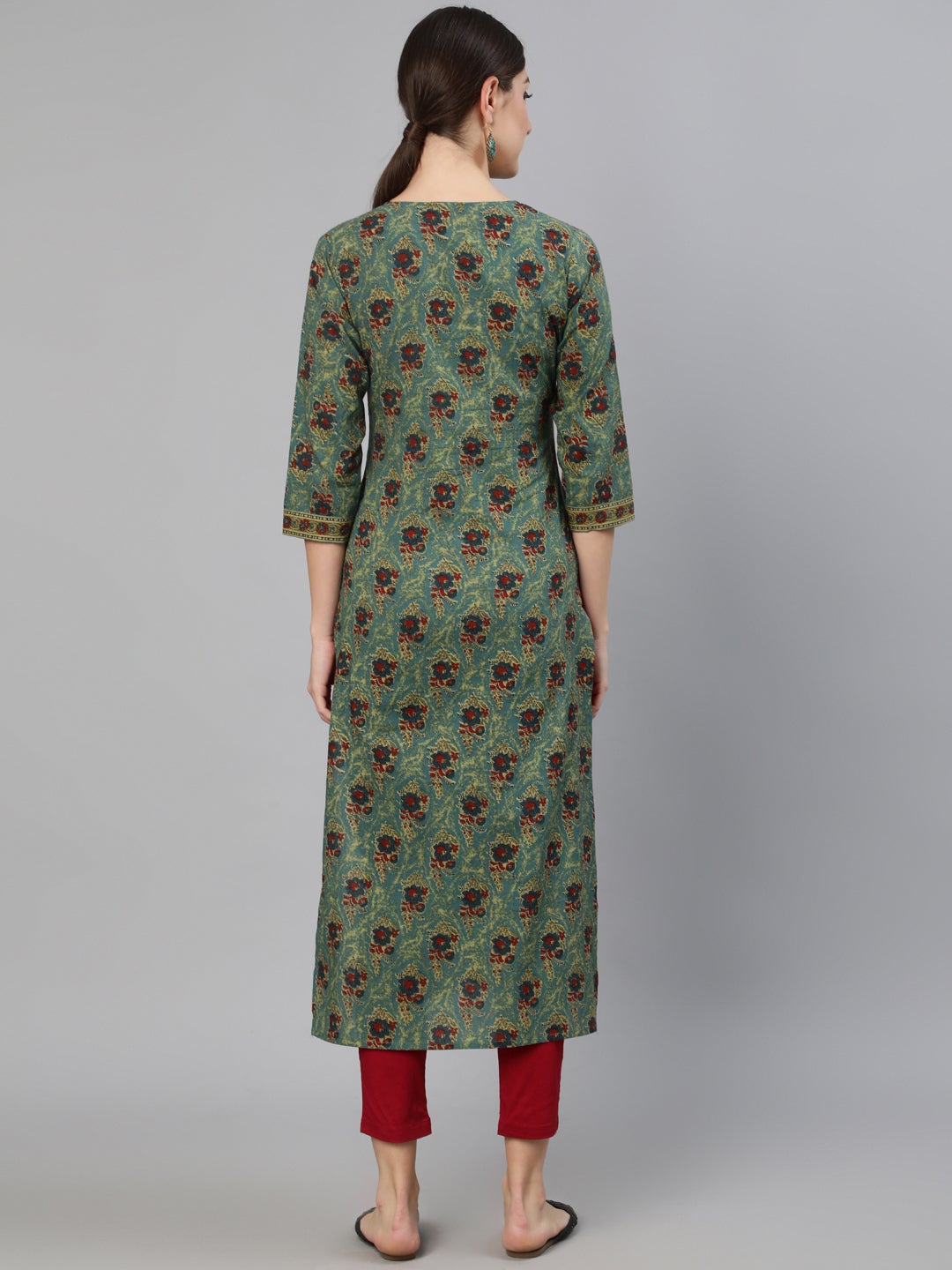 Women Blue Printed Straight Kurta With Three Quarter Sleeves | NOZ2TOZ - Made In INDIA.