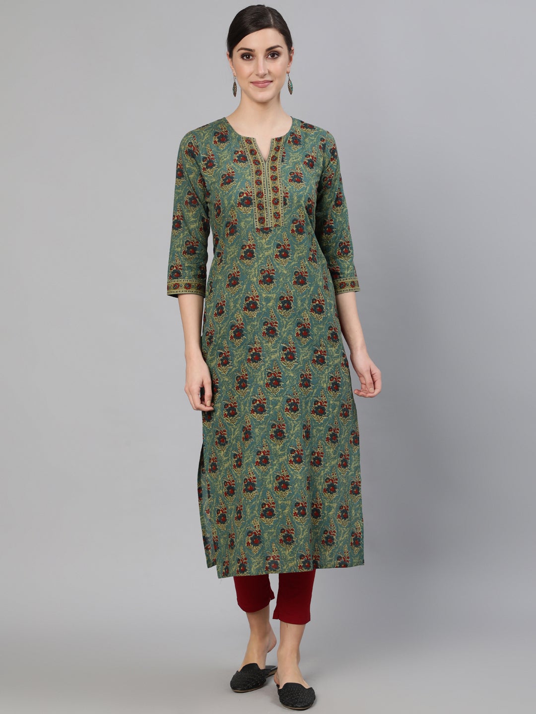 Women Blue Printed Straight Kurta With Three Quarter Sleeves | NOZ2TOZ - Made In INDIA.