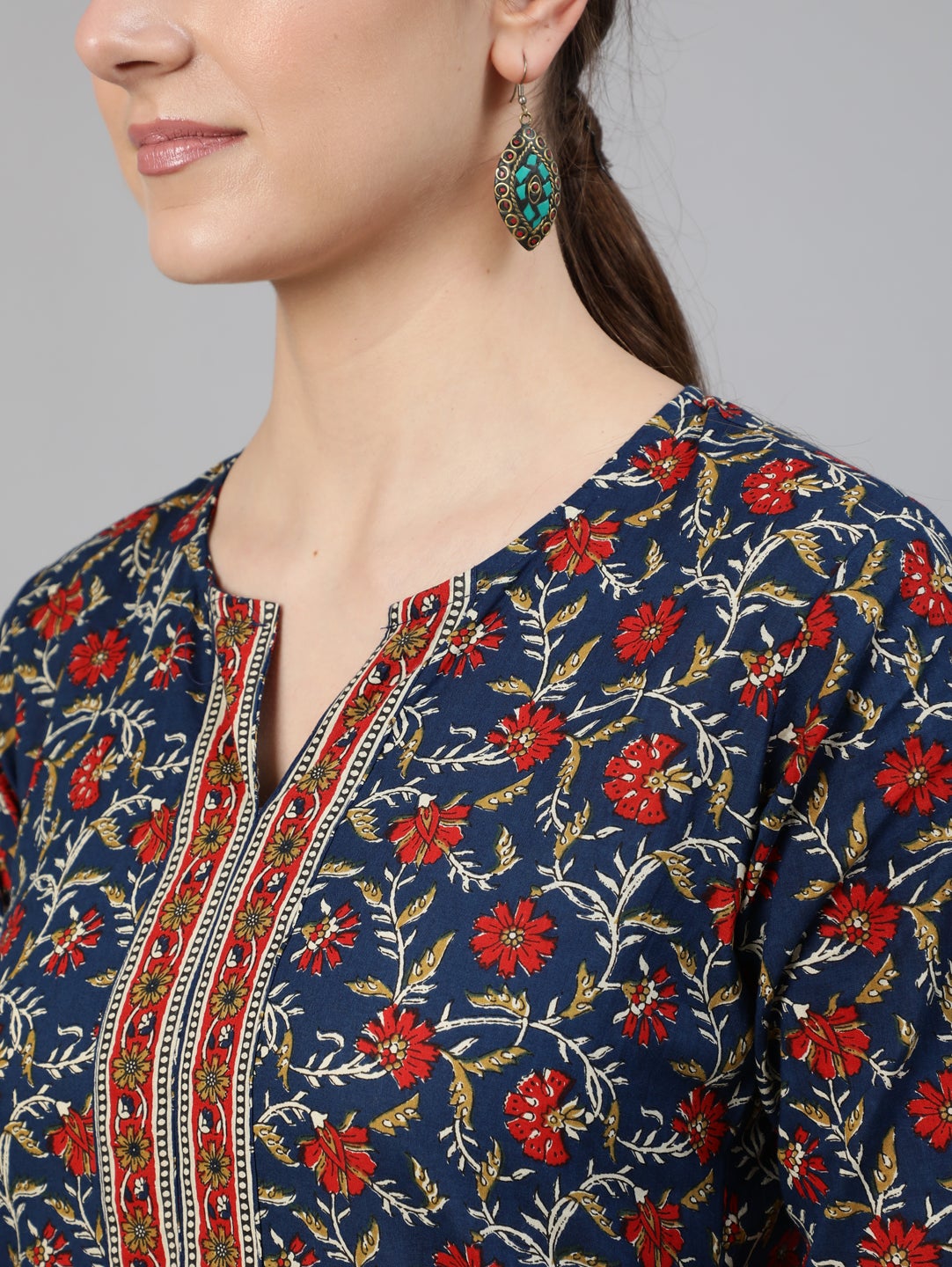 Women Blue Printed Straight Kurta With Three Quarter Sleeves | NOZ2TOZ - Made In INDIA.