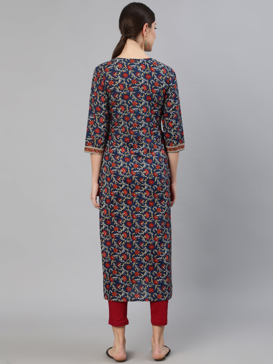 Women Blue Printed Straight Kurta With Three Quarter Sleeves | NOZ2TOZ - Made In INDIA.