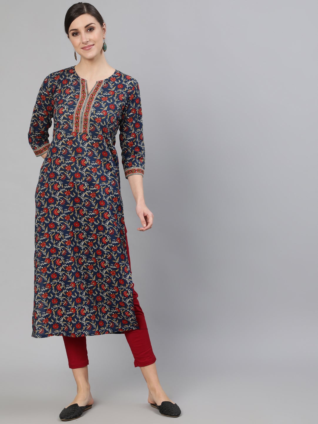 Women Blue Printed Straight Kurta With Three Quarter Sleeves | NOZ2TOZ - Made In INDIA.