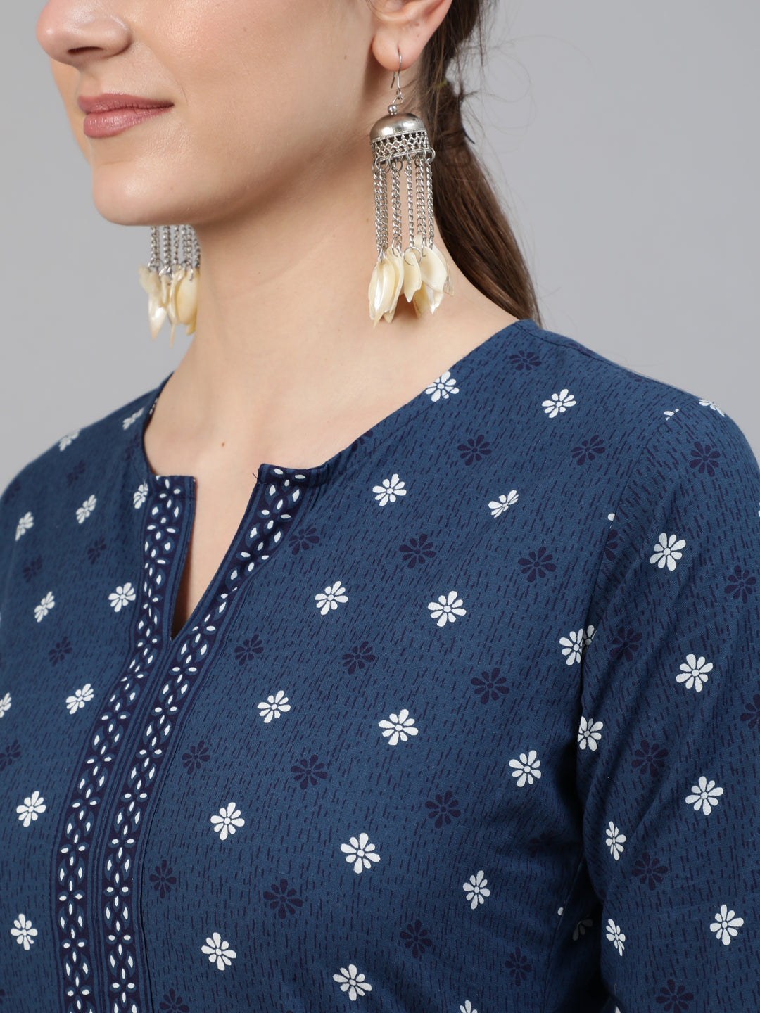 Women Navy Blue Ethnic Printed Straight Kurta With Three Quarter Sleeves | NOZ2TOZ - Made In INDIA.