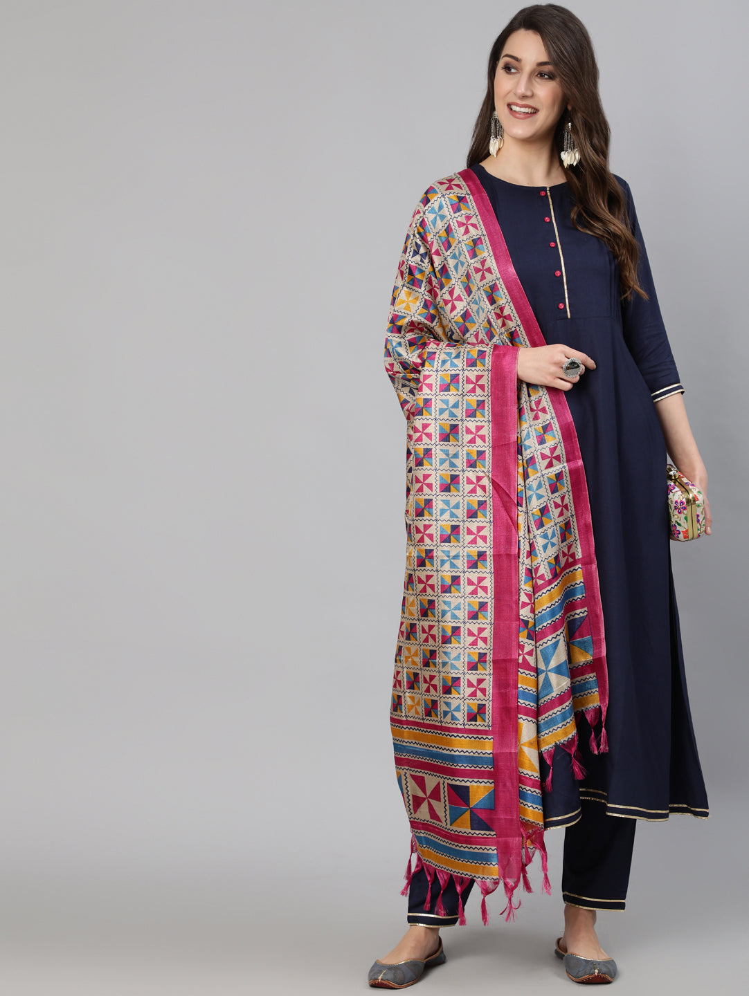 Women Navy Blue Solid Gathered Kurta With Palazzo And Sequance  Dupatta | NOZ2TOZ - Made In INDIA.