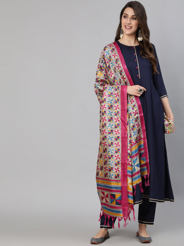 Women Navy Blue Solid Gathered Kurta With Palazzo And Sequance  Dupatta | NOZ2TOZ - Made In INDIA.