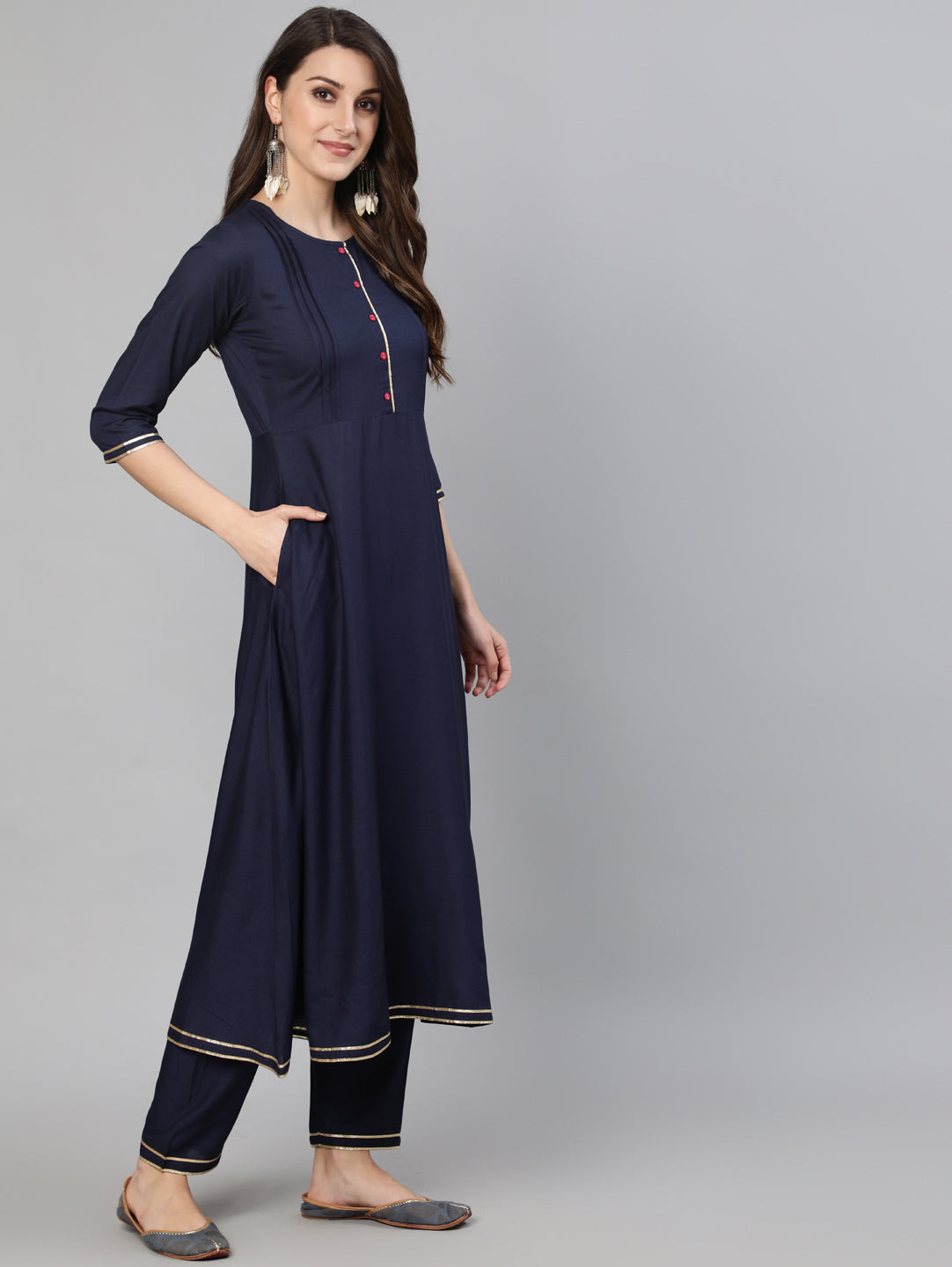 Women Navy Blue Solid Gathered Kurta With Palazzo And Sequance  Dupatta | NOZ2TOZ - Made In INDIA.