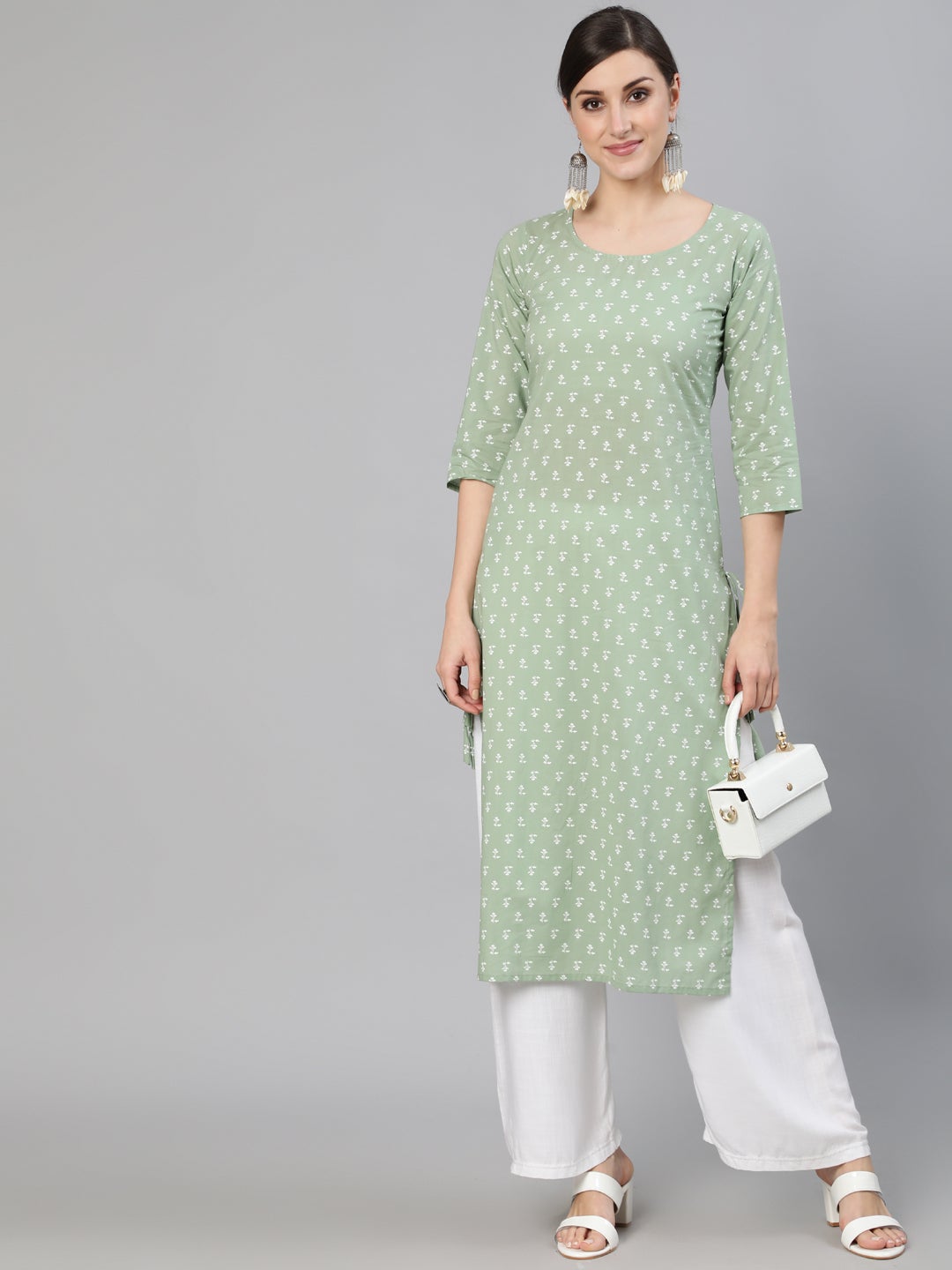 Women Sage Green Printed Straight Kurta With Three Quarter Sleevs | NOZ2TOZ - Made In INDIA.