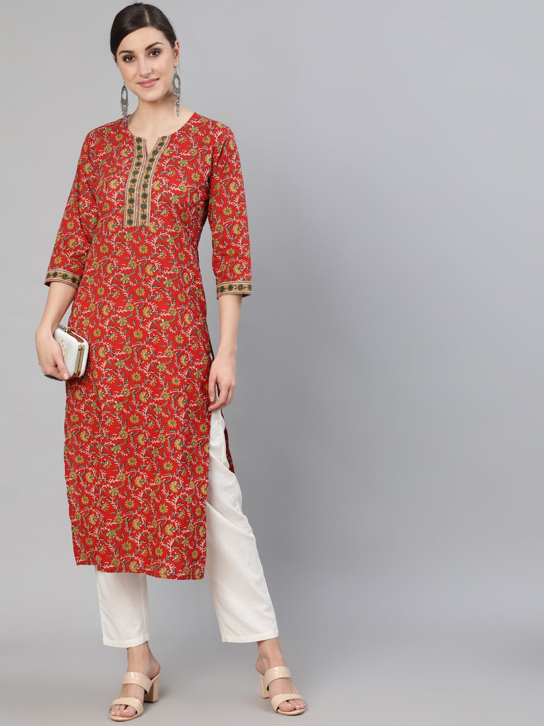 Women Red Floral Printed  Straight Kurta With Three Quarter Sleeves | NOZ2TOZ - Made In INDIA.