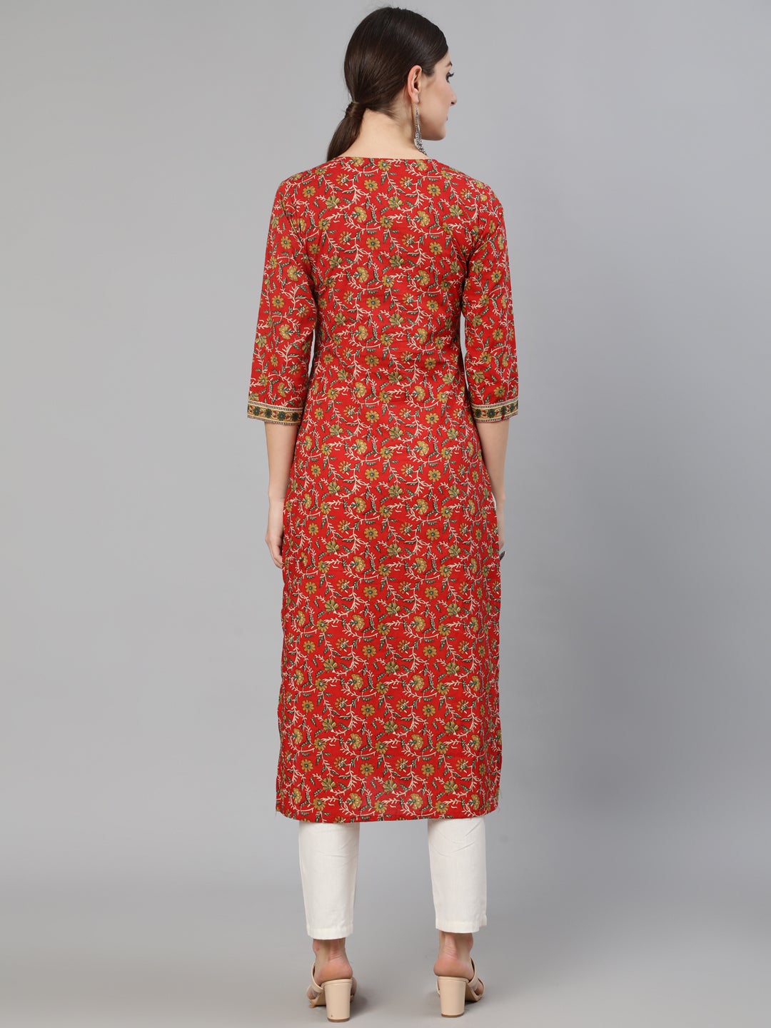 Women Red Floral Printed  Straight Kurta With Three Quarter Sleeves | NOZ2TOZ - Made In INDIA.