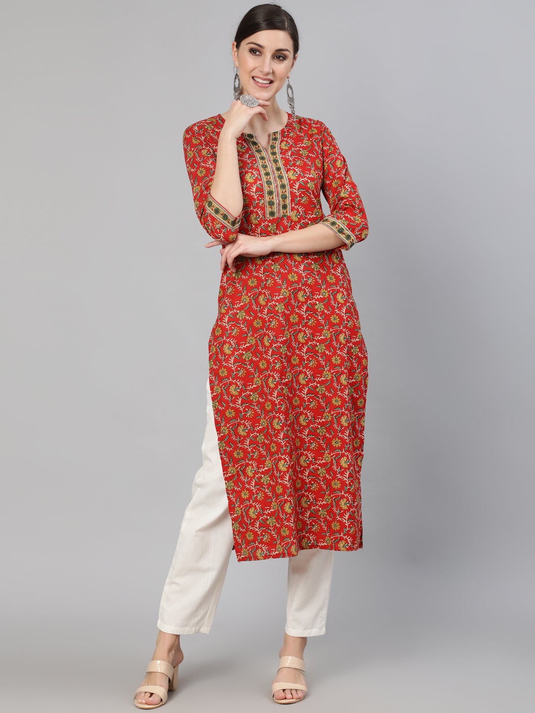 Women Red Floral Printed  Straight Kurta With Three Quarter Sleeves | NOZ2TOZ - Made In INDIA.