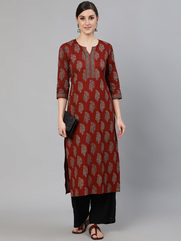 Women Maroon Printed Straight Kurta With Three Quarter Sleeves | NOZ2TOZ - Made In INDIA.