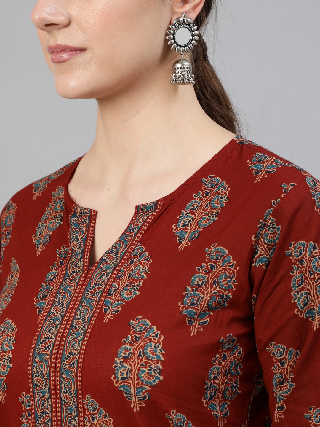 Women Maroon Printed Straight Kurta With Three Quarter Sleeves | NOZ2TOZ - Made In INDIA.