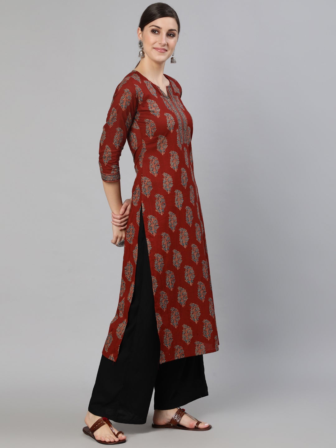 Women Maroon Printed Straight Kurta With Three Quarter Sleeves | NOZ2TOZ - Made In INDIA.