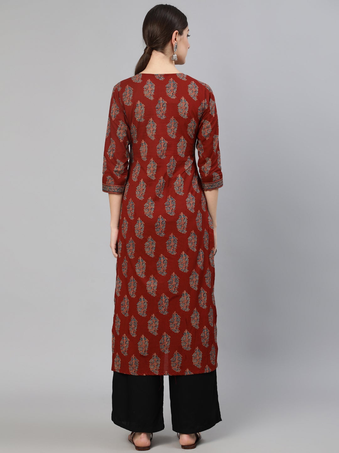 Women Maroon Printed Straight Kurta With Three Quarter Sleeves | NOZ2TOZ - Made In INDIA.