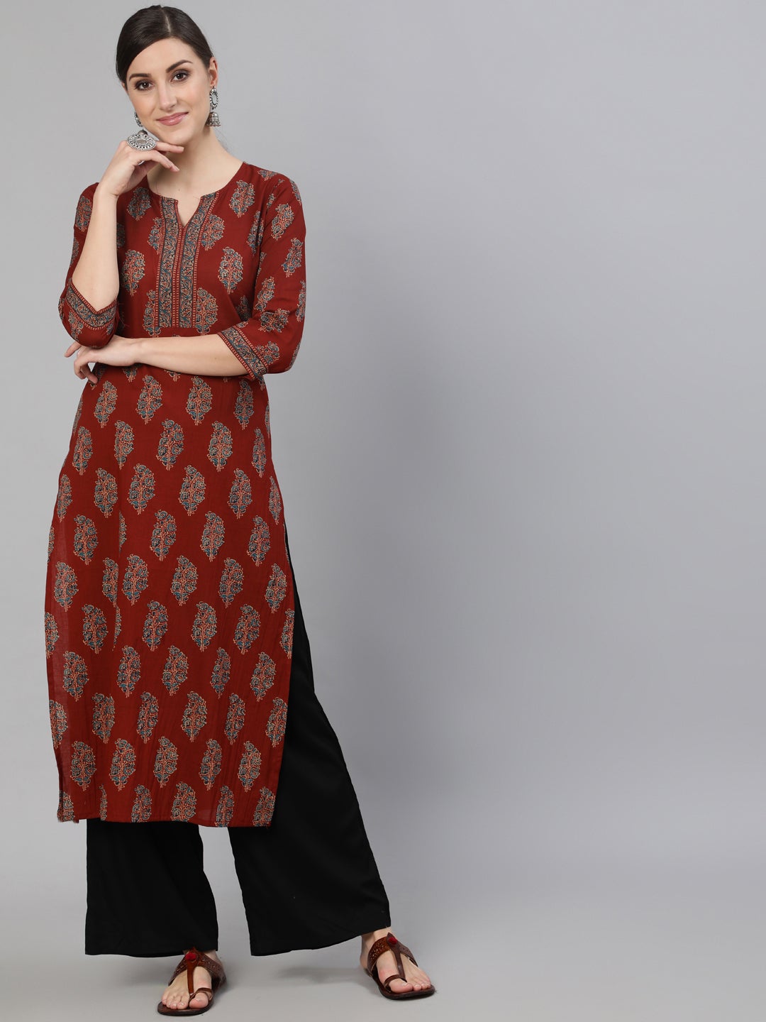 Women Maroon Printed Straight Kurta With Three Quarter Sleeves | NOZ2TOZ - Made In INDIA.