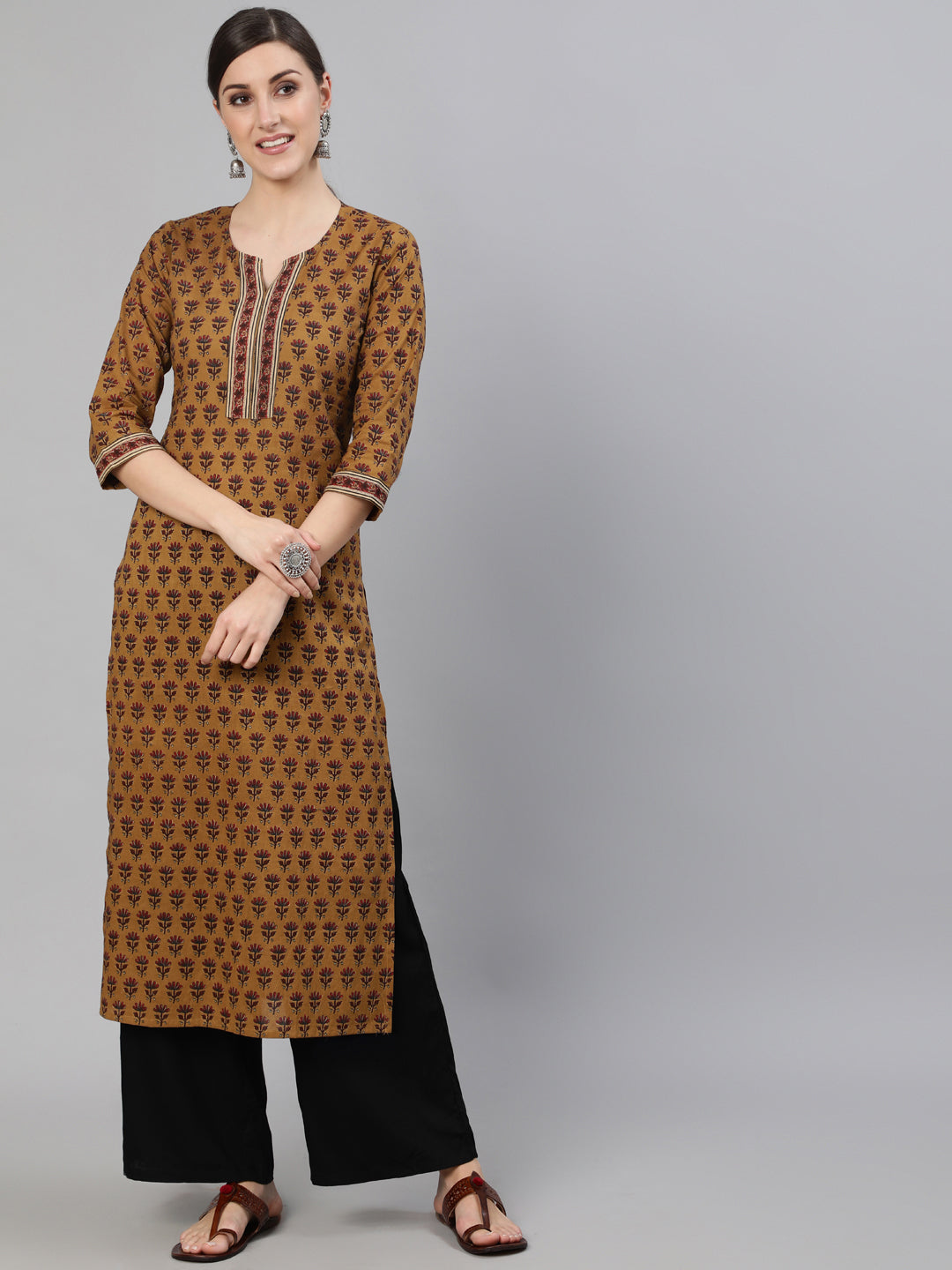 Women Brown Ethnic Motifs Printed Straight Kurta With Three Quarter Sleeves | NOZ2TOZ - Made In INDIA.