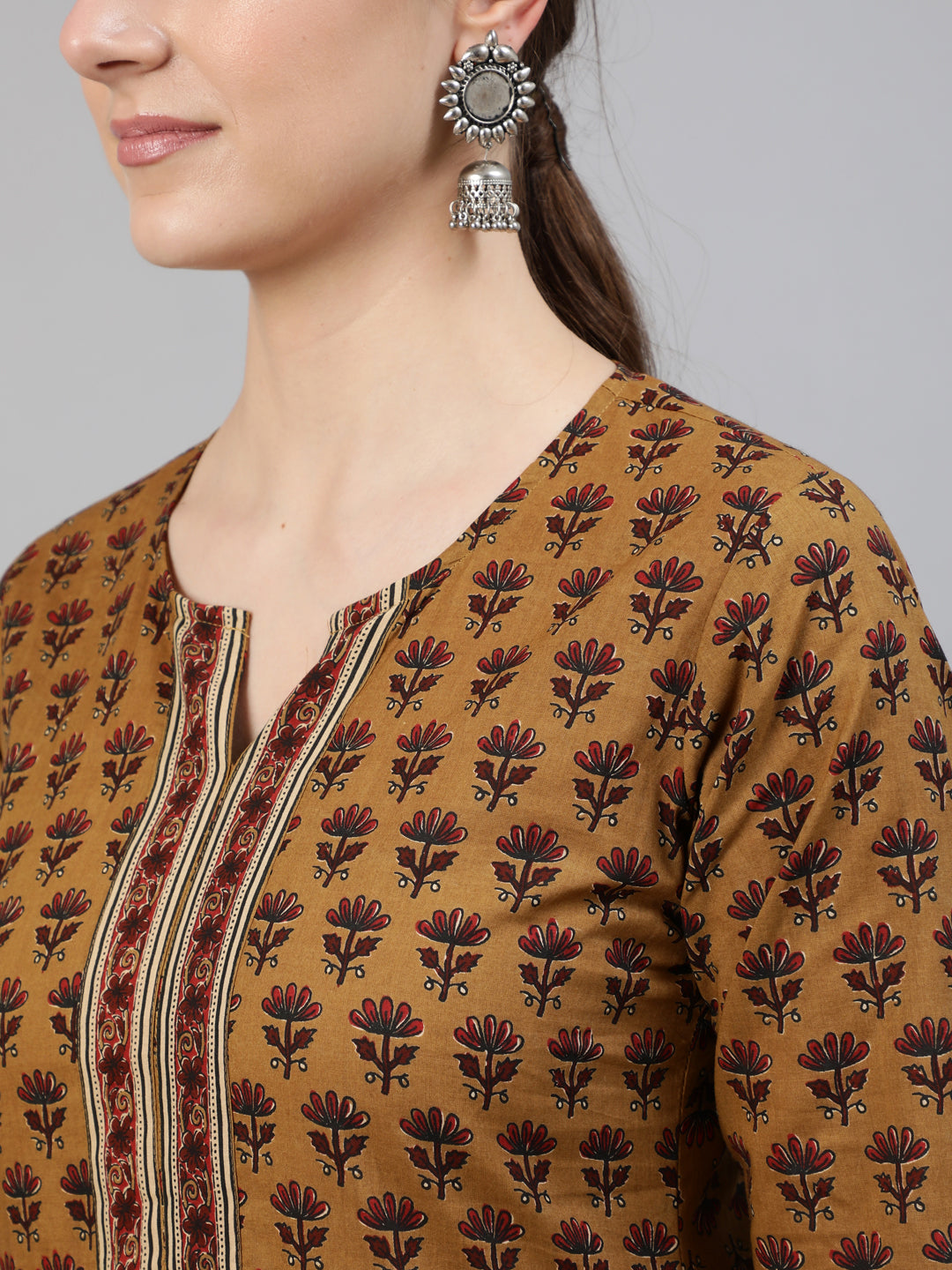 Women Brown Ethnic Motifs Printed Straight Kurta With Three Quarter Sleeves | NOZ2TOZ - Made In INDIA.